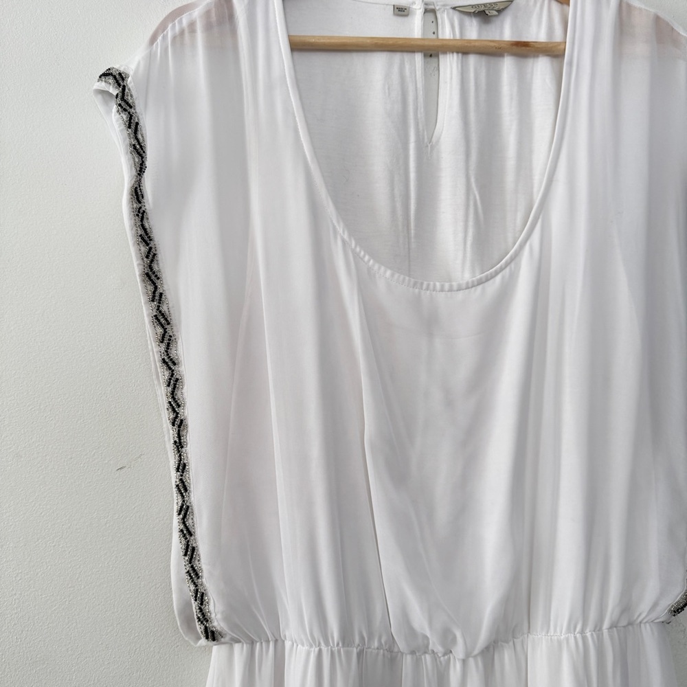 GUESS Y2K White Sleeveless Beaded Trim Blouson Mini Dress Cinched Elastic Waist - Picture 6 of 13